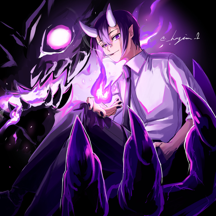 1boy black_background black_footwear black_hair black_nails black_necktie black_pants black_socks cigarette claws closed_mouth collared_shirt crossed_legs feet_out_of_frame fire hair_between_eyes hajime_(sakuraofsunset) hand_in_pocket highres horns ifrit_djinn_eito in_palm looking_at_viewer mairimashita!_iruma-kun male_focus monster mouth_hold necktie oni_horns pants pointy_ears purple_eyes purple_fire pyrokinesis shirt shoes short_hair sitting sleeves_rolled_up smile smoking socks solo white_horns white_shirt