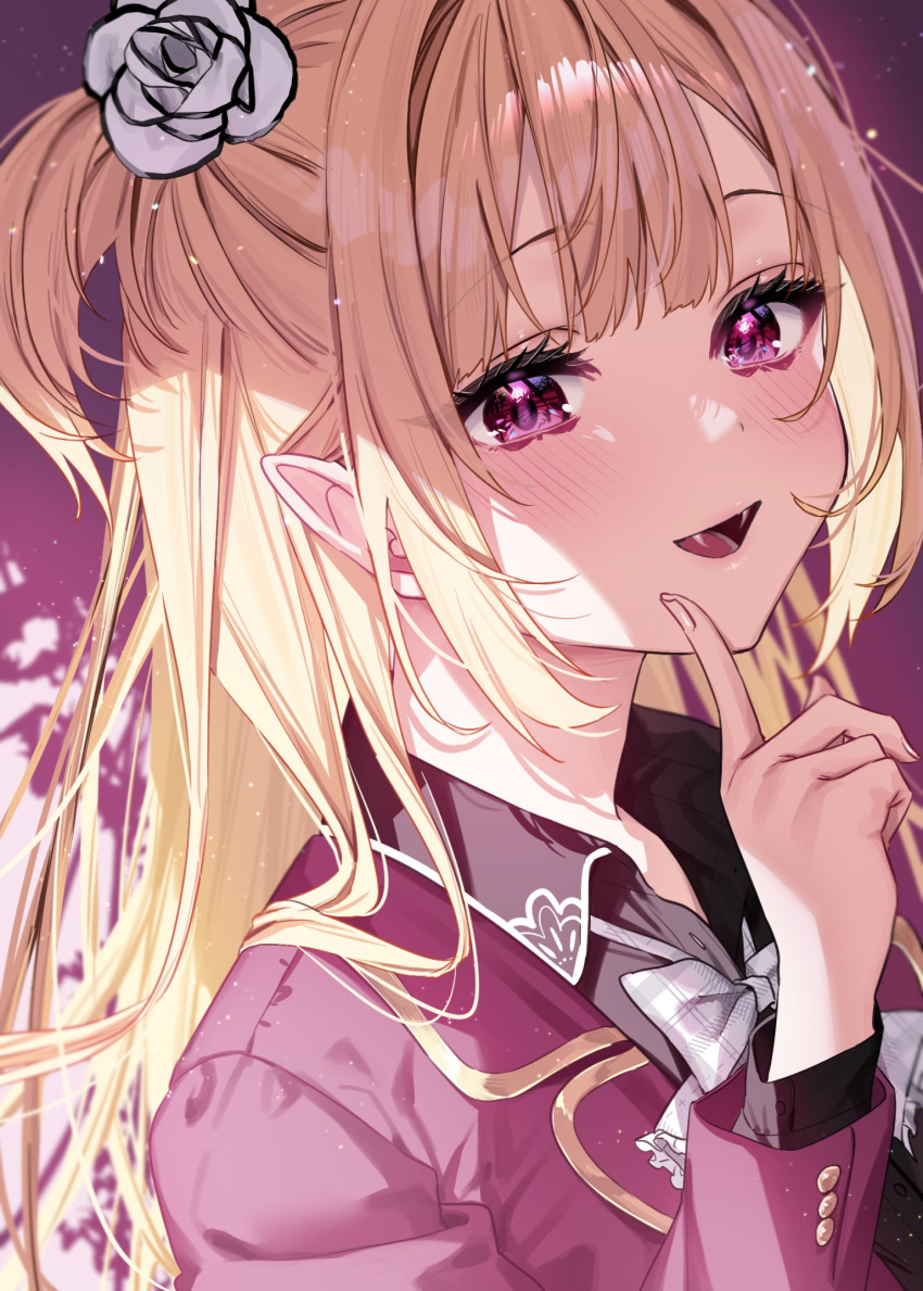 1girl black_shirt blonde_hair blunt_bangs blush bow bowtie chigusa_minori close-up collared_shirt dress_shirt fangs flower hair_flower hair_ornament hand_up highres index_finger_raised jacket looking_at_viewer onii-sama_wa_nazo_o_aiseru_tantei_desu_ka open_mouth plaid plaid_bow plaid_bowtie pointy_ears portrait purple_eyes purple_jacket school_uniform shirt smile solo two_side_up upper_body