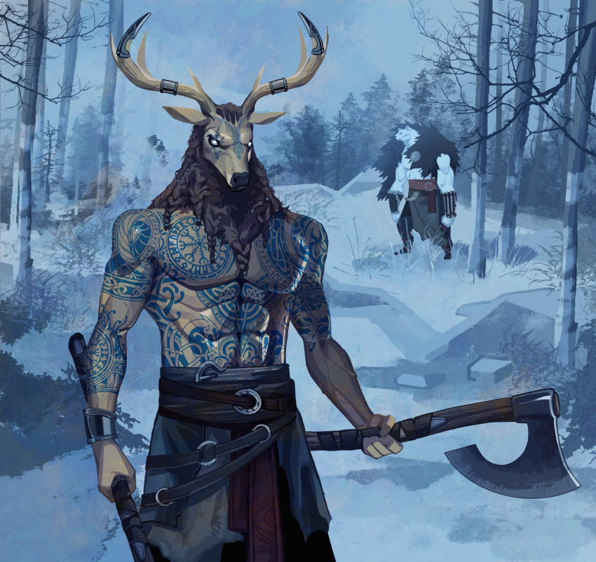 2023 abs anthro antlers clothed clothing cloud deer duo fingers hair hi_res holding_axe horn lljh mammal muscular muscular_anthro outside pecs plant sky snow tattoo tree white_body