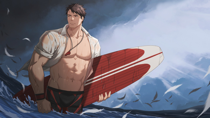 1boy abs bara black_hair black_male_swimwear cloud collared_shirt day falling_feathers feathers highres holding holding_surfboard jammers large_pectorals male_focus male_swimwear muscular muscular_male navel open_clothes open_shirt original outdoors pectorals shirt short_hair sky solo surfboard water wet wet_clothes whistle whistle_around_neck white_shirt wristband zhuganchangjiadan