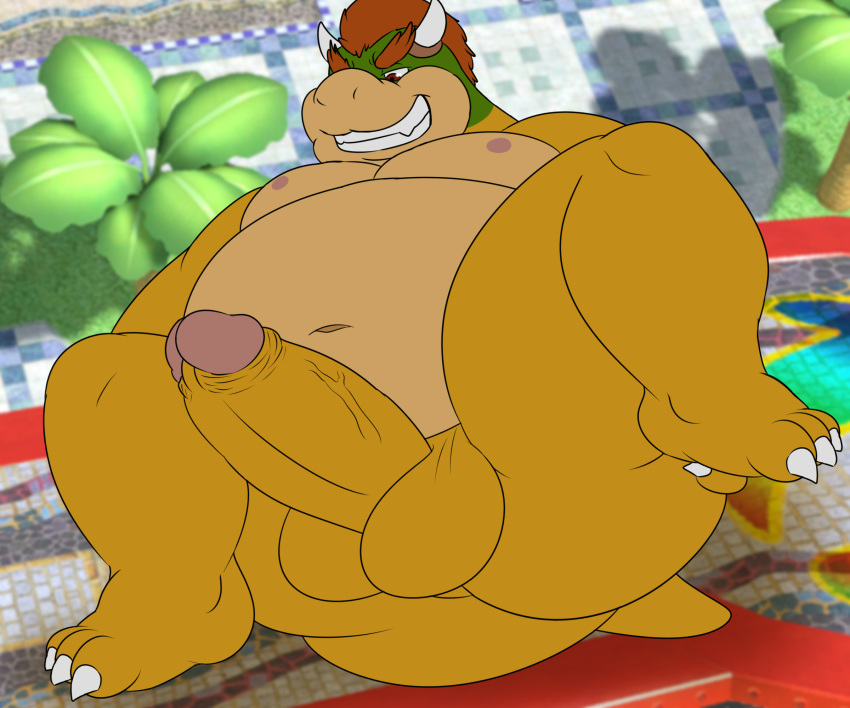 6:5 anthro balls belly big_balls big_belly big_butt big_penis bowser butt camp14 chubby_anthro chubby_male erection genitals grin hi_res horn koopa looking_down male mario_bros moobs navel nintendo penis scalie smile solo