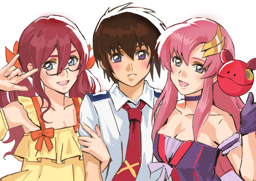 1boy 2girls arm_strap bare_shoulders blush bow breasts brown_hair choker cleavage collarbone collared_shirt commission cosplay dress english_commentary flay_allster girl_sandwich gloves gundam gundam_seed hair_ribbon highres holding_another's_arm kira_yamato lacus_clyne macross macross_frontier multiple_girls necktie nekkikamille orange_bow orange_ribbon parted_lips pink_hair purple_choker purple_dress purple_eyes purple_gloves ranka_lee ranka_lee_(cosplay) red_hair red_necktie ribbon sandwiched saotome_alto saotome_alto_(cosplay) sheryl_nome sheryl_nome_(cosplay) shirt short_hair smile strapless strapless_dress white_background white_shirt yellow_dress