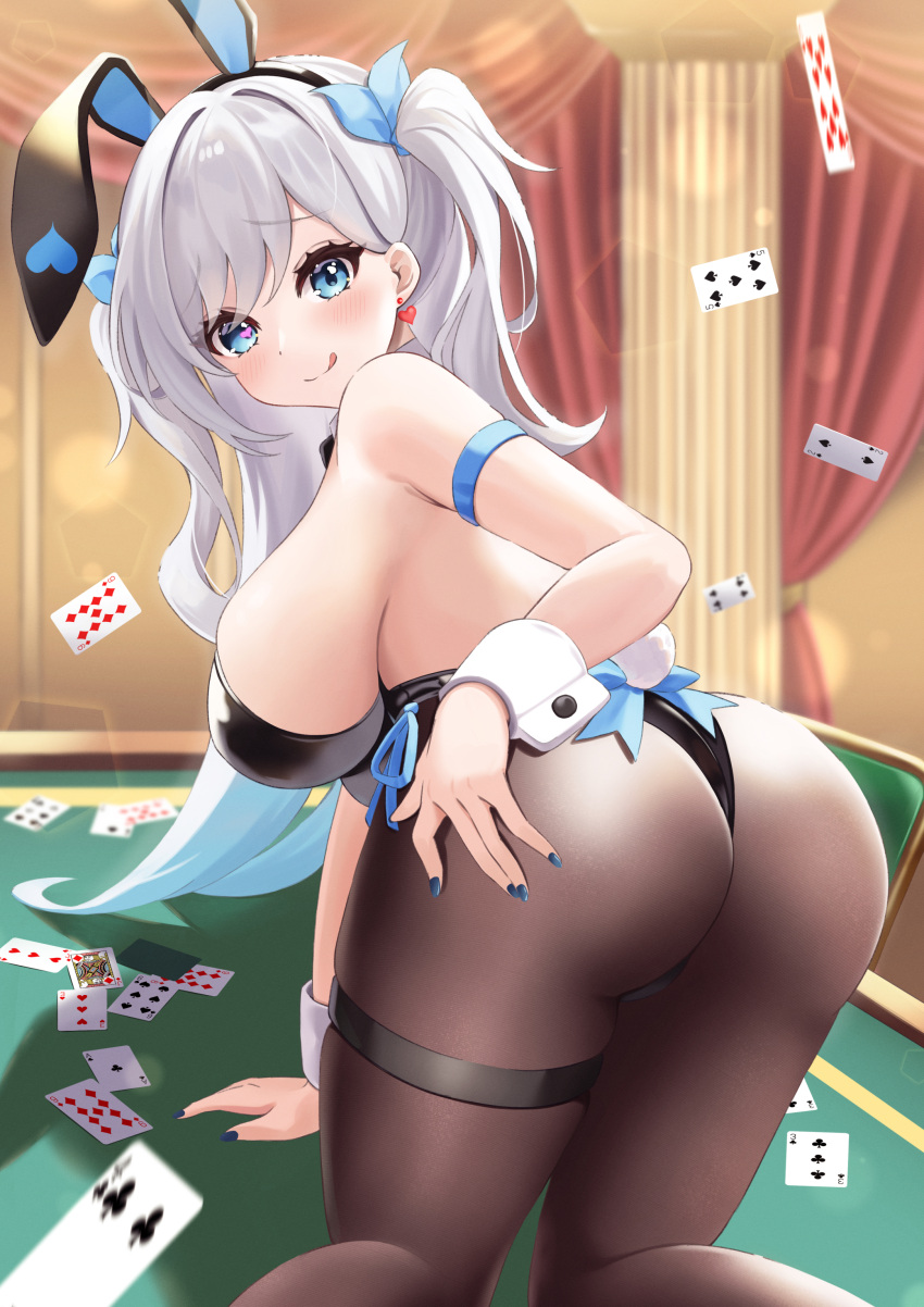 1girl :q absurdres ace_(playing_card) ace_of_clubs animal_ears ass black_bow black_bowtie black_leotard blue_eyes blue_nails blue_ribbon bow bowtie breasts card club_(shape) collar detached_collar earrings elegant_(sumisumi4268) fake_animal_ears five_of_spades four_of_clubs hair_ribbon hand_on_own_ass heart heart_earrings heart_in_eye highres iriam jack_(playing_card) jack_of_diamonds jewelry kaguya_tsukinagi large_breasts leotard nail_polish nine_of_diamonds on_table pantyhose playboy_bunny playing_card poker_table rabbit_ears rabbit_tail ribbon shadow six_of_spades solo symbol_in_eye table tail thigh_strap three_of_clubs three_of_hearts tongue tongue_out two_of_spades two_side_up virtual_youtuber white_collar white_wrist_cuffs wrist_cuffs