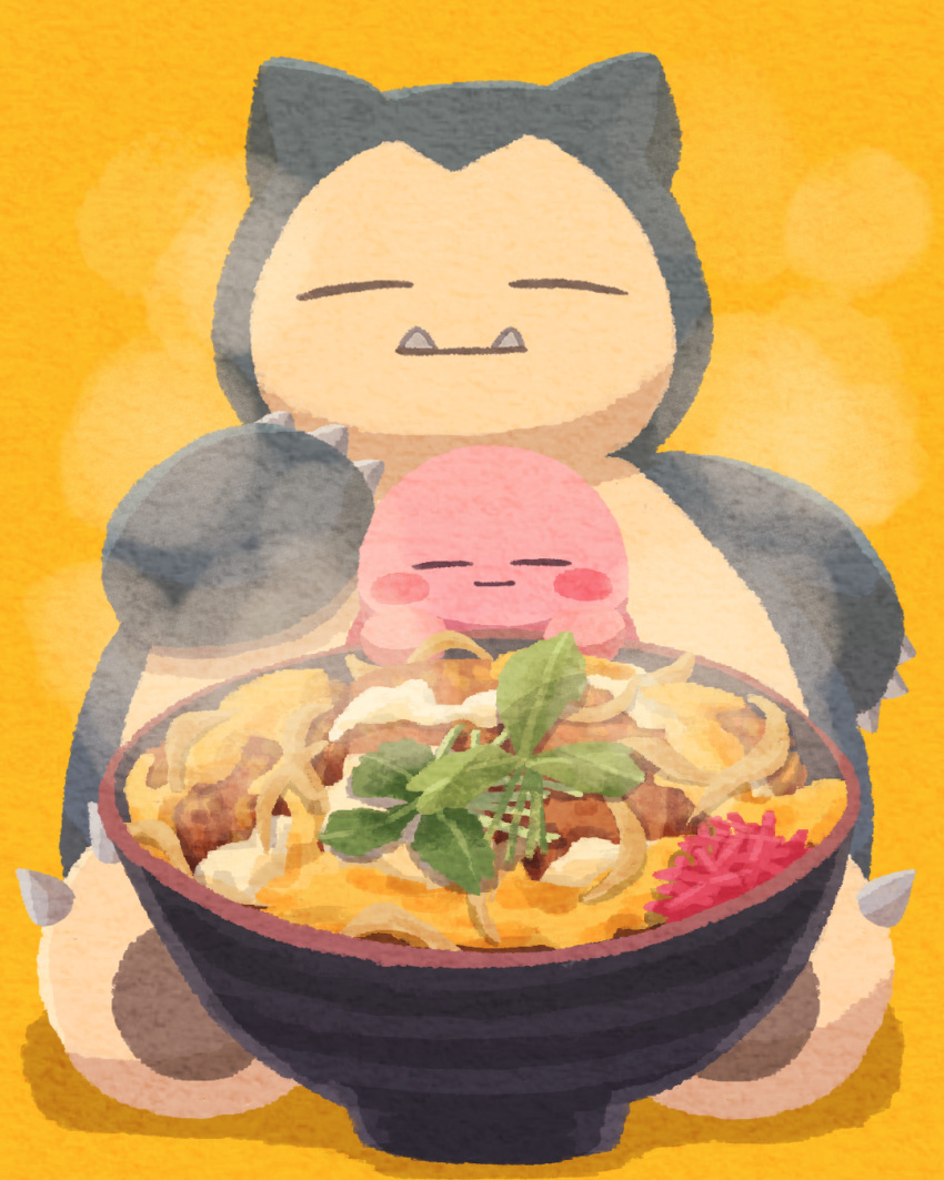 bowl cheese closed_eyes closed_mouth fangs food food_focus hand_up highres katsu_(food) katsudon_(food) kirby kirby_(series) miclot no_humans onion pokemon relaxing rice simple_background smile snorlax steam yellow_background