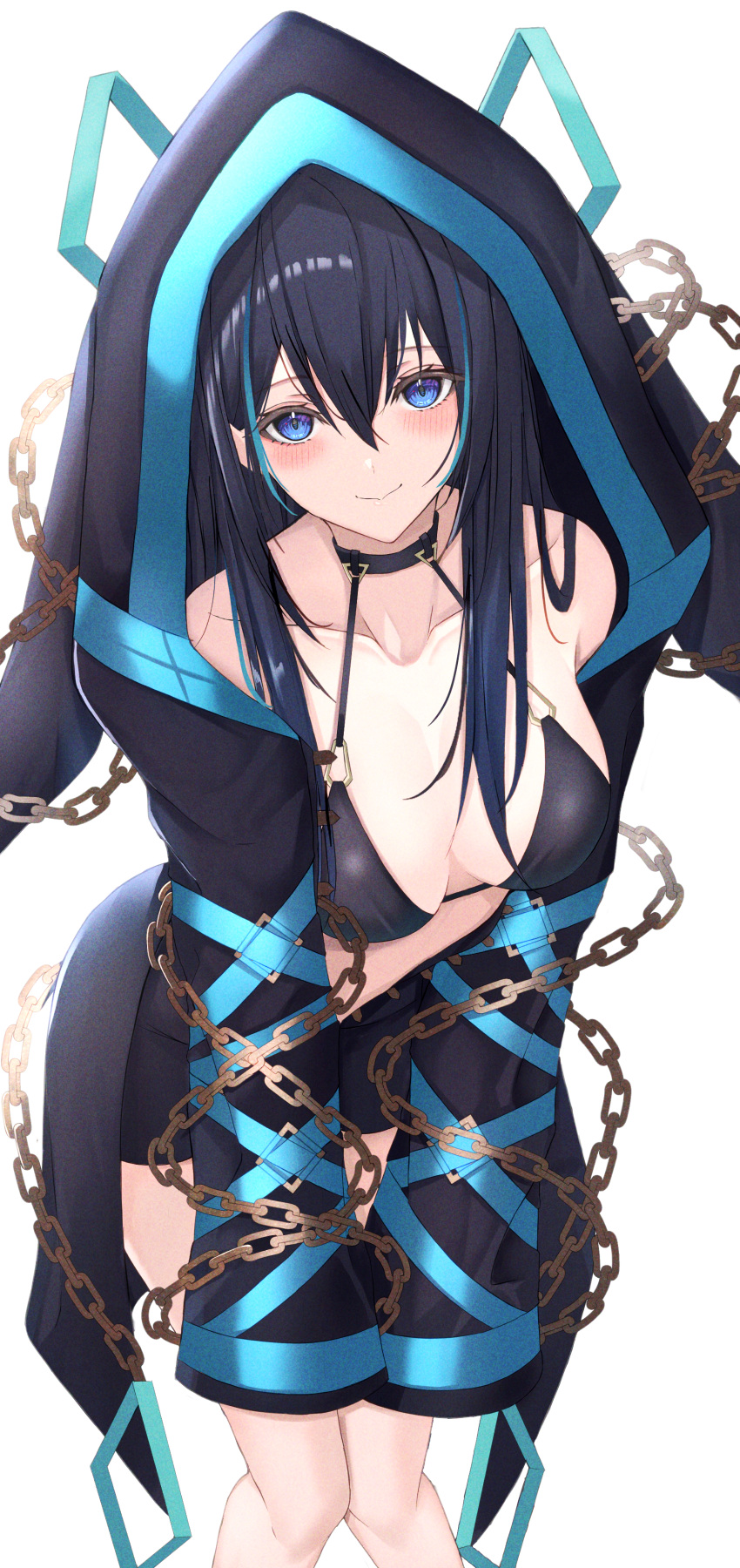 1girl 7saki absurdres bikini black_bikini black_hair blue_eyes blue_hair blush breasts chain choker closed_mouth collarbone commission film_grain highres kuroto_sanaya large_breasts leaning_forward long_hair looking_at_viewer multicolored_hair original pixiv_commission short_shorts shorts simple_background sleeves_past_fingers sleeves_past_wrists smile solo swimsuit two-tone_hair virtual_youtuber white_background