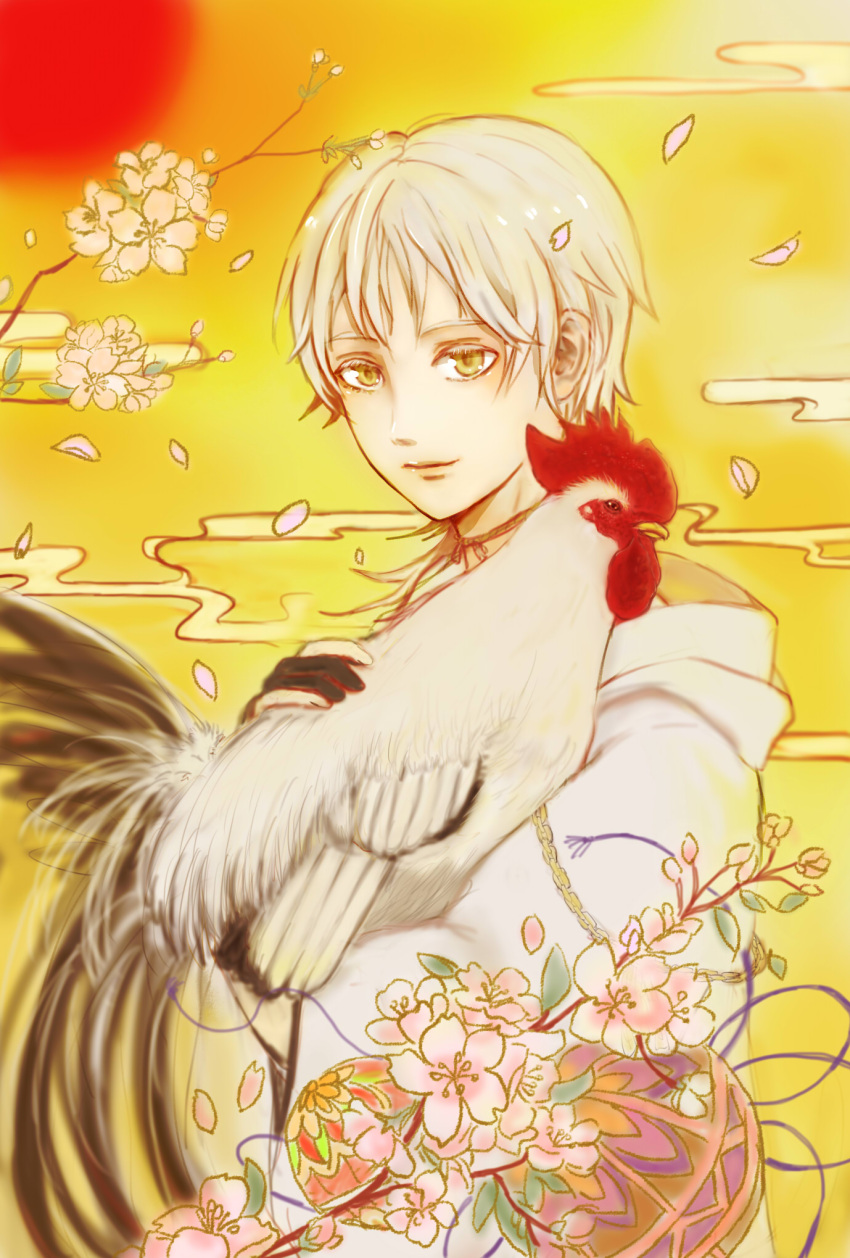 animal bird black_gloves branch chicken cloud egasumi flower gloves highres holding holding_animal holding_bird light_smile partially_fingerless_gloves petals red_sun short_hair touken_ranbu tsurumaru_kuninaga white_flower yellow_background yellow_eyes yuutaka_(gaburingo)