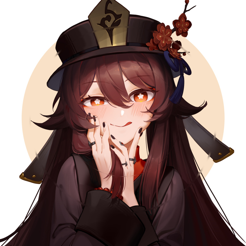 1girl :q abyssyuan black_nails brown_hair genshin_impact hair_between_eyes hands_on_own_face hat highres hu_tao_(genshin_impact) jewelry licking_lips long_hair long_sleeves looking_at_viewer nail_polish porkpie_hat red_hair ring smile solo symbol-shaped_pupils tongue tongue_out twintails upper_body