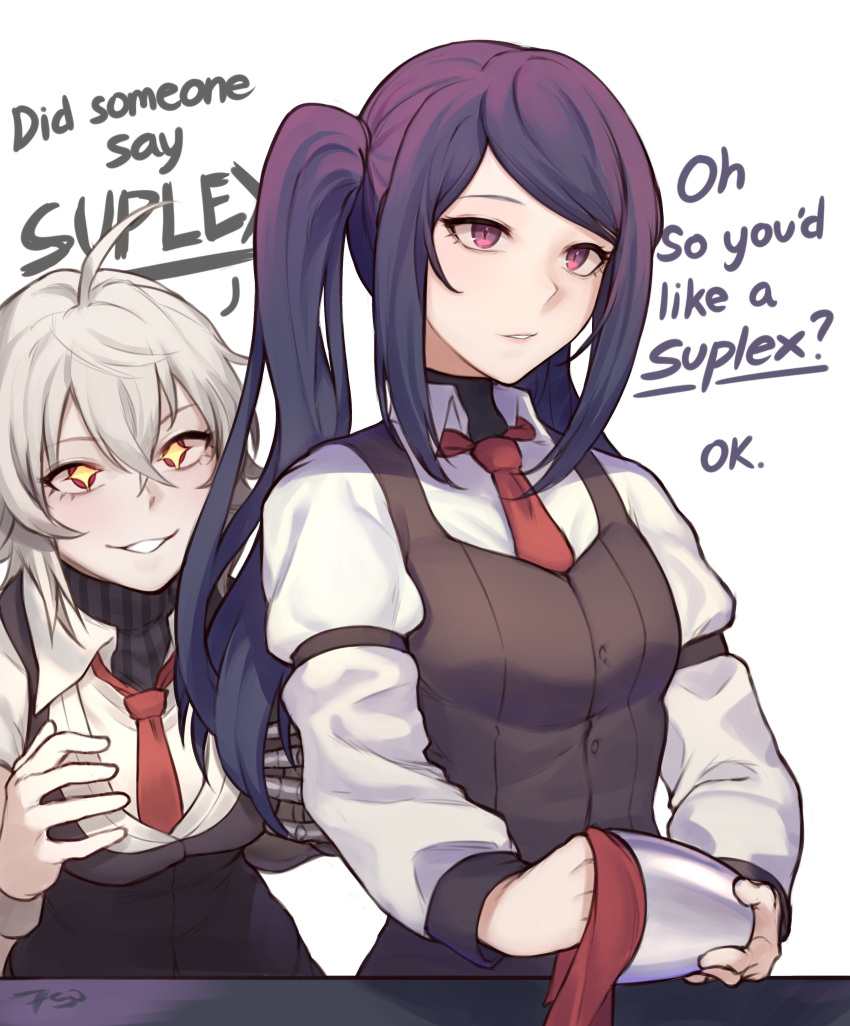 2girls absurdres ahoge bartender dana_zane frenchvanillu grey_hair highres jill_stingray multiple_girls purple_eyes purple_hair sneaking sparkling_eyes twintails va-11_hall-a