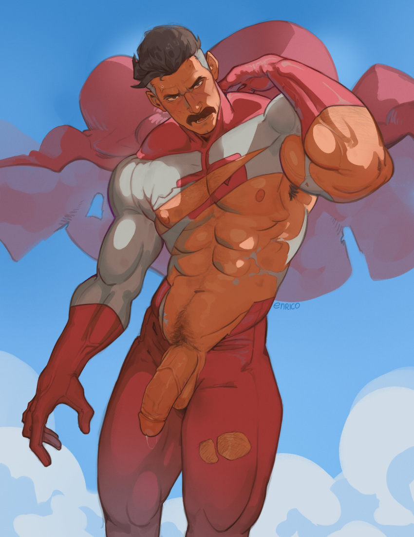 1boy abs absurdres armpit_hair bara bare_pectorals black_hair bodysuit cape enri_(ceinordraws) facial_hair girthy_penis gloves half-erect highres invincible_(series) large_pectorals looking_at_viewer male_focus male_pubic_hair mature_male midair multicolored_hair muscular muscular_male mustache navel nipples nolan_grayson omni-man pectorals penis pubic_hair red_bodysuit red_cape red_gloves sanpaku short_hair solo thick_eyebrows thick_thighs thighs torn_bodysuit torn_clothes tsurime two-tone_bodysuit two-tone_hair uncensored white_bodysuit white_hair