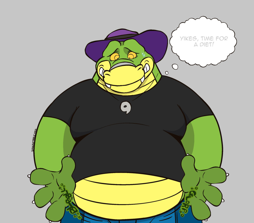 2023 alligator alligatorid anthro belly big_belly bodily_fluids bottomwear brok_(character) brok_the_investigator clothing crocodilian english_text green_body hat headgear headwear hi_res male nervous overweight overweight_male pants reptile scalie shirt simple_background solo sweat syncrotrace text topwear