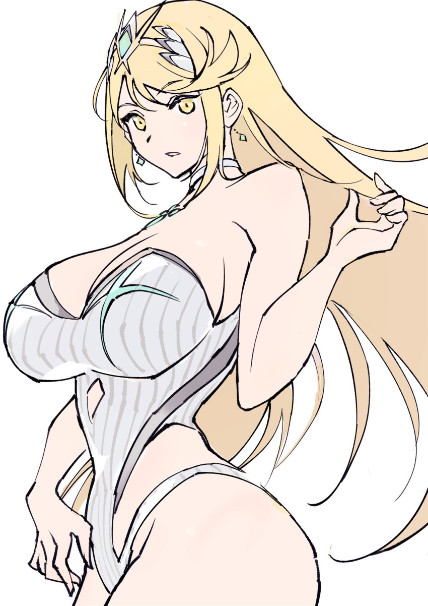 1girl arm_up blonde_hair breasts casual_one-piece_swimsuit chest_jewel choker cleavage core_crystal_(xenoblade) cowboy_shot diamond_cutout earrings highleg highleg_swimsuit highres jewelry large_breasts long_hair looking_at_viewer mythra_(radiant_beach)_(xenoblade) mythra_(xenoblade) official_alternate_costume one-piece_swimsuit ribbed_swimsuit simple_background sketch solo strapless strapless_swimsuit striped striped_one-piece_swimsuit swept_bangs swimsuit thick_thighs thighs tiara ug333333 vertical-striped_one-piece_swimsuit vertical_stripes white_choker white_one-piece_swimsuit xenoblade_chronicles_(series) xenoblade_chronicles_2 yellow_eyes