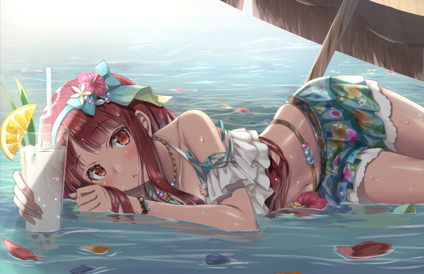 1girl absurdres beach_umbrella bikini blush brown_eyes brown_hair cup drinking_straw flower food fruit hairband hibiscus highres holding holding_cup idolmaster idolmaster_million_live! idolmaster_million_live!_theater_days jewelry lemon long_hair looking_at_viewer lying navel necklace on_side parted_lips petals ribbon sarong skywaker solo swimsuit tanaka_kotoha umbrella water wet