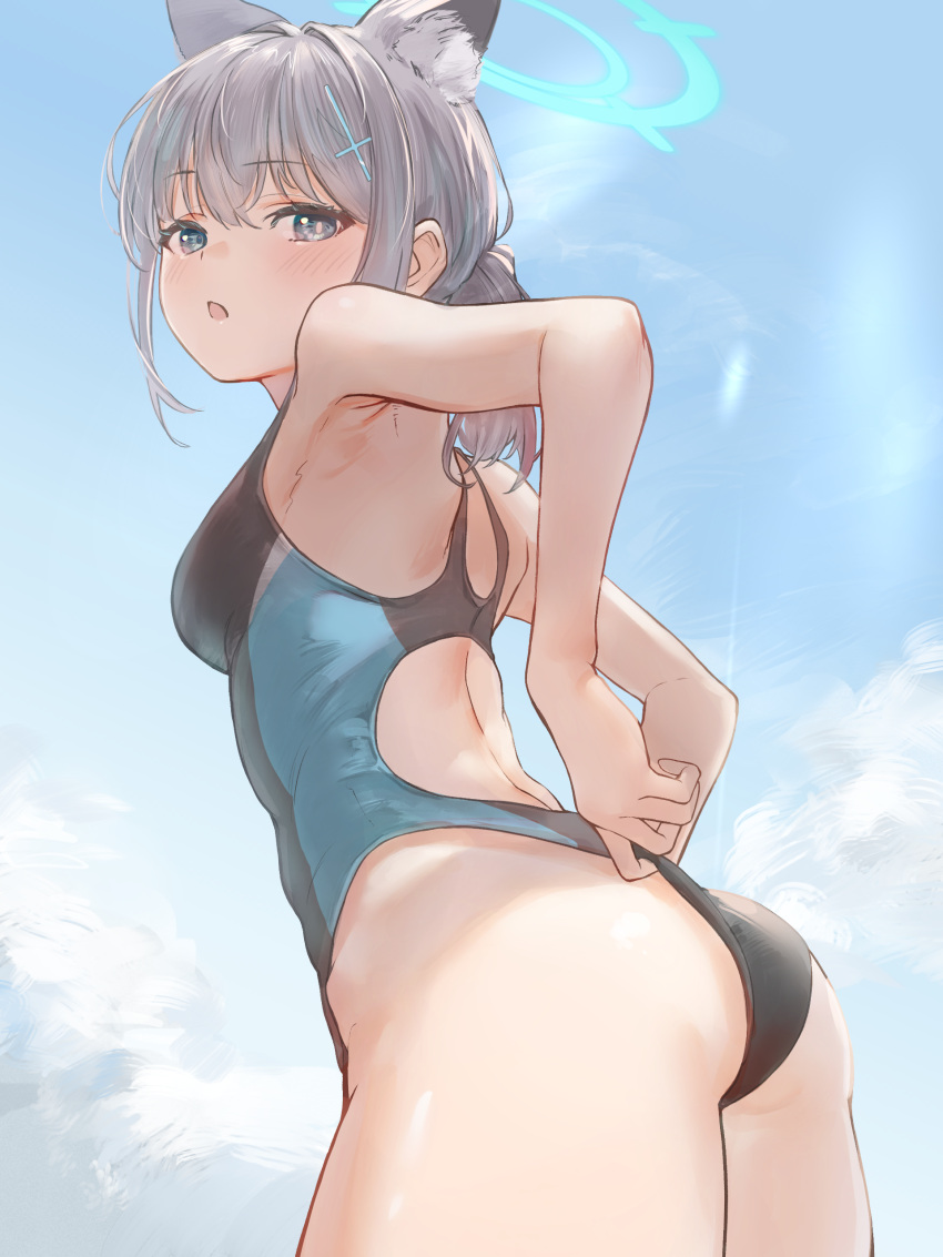 1girl absurdres animal_ear_fluff animal_ears ass bare_shoulders blue_archive blue_eyes blue_one-piece_swimsuit blue_sky blush breasts cross_hair_ornament extra_ears grey_hair hair_ornament halo highleg highleg_swimsuit highres looking_at_viewer looking_back marulire medium_breasts medium_hair multicolored_clothes multicolored_swimsuit one-piece_swimsuit open_mouth shiroko_(blue_archive) shiroko_(swimsuit)_(blue_archive) short_ponytail sidelocks sky solo swimsuit thighs wolf_ears