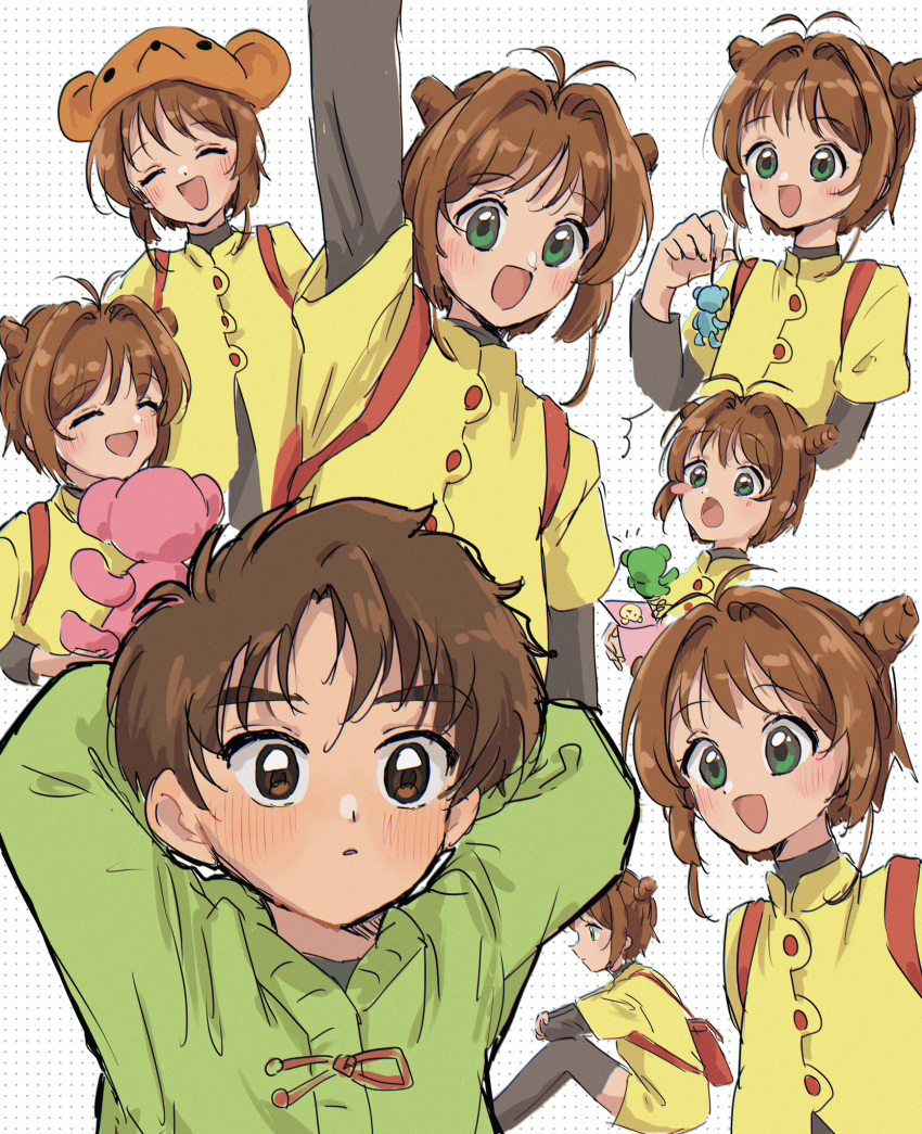 8td_th arms_behind_head backpack bag blush_stickers brown_eyes brown_hair cardcaptor_sakura child closed_eyes closed_mouth female_child happy highres kinomoto_sakura li_xiaolang male_child open_mouth polka_dot polka_dot_background red_bag salute variations