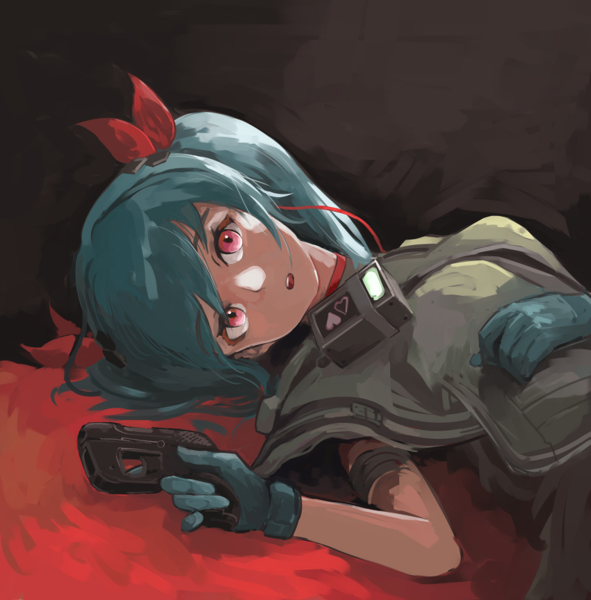 1girl absurdres blue_gloves blue_hair colphne_(girls'_frontline_2) girls'_frontline girls'_frontline_2:_exilium gloves gun hair_ribbon handgun highres holding holding_gun holding_weapon looking_at_viewer lying ohyatupuru on_back parted_lips red_eyes red_ribbon ribbon simple_background solo taurus_curve twintails upper_body weapon