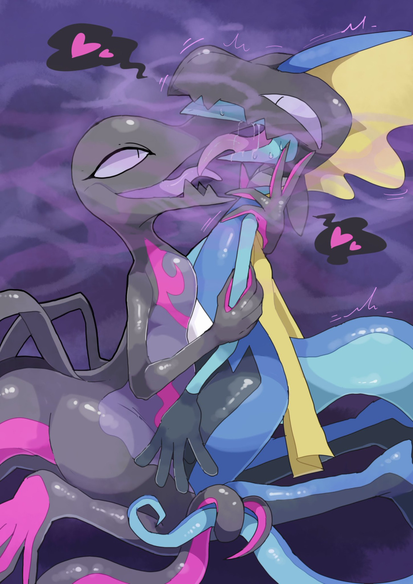 &lt;3 4_fingers ambiguous_gender anthro anthro_on_anthro arm_grab black_body blue_body bodily_fluids breath_powers embrace entwined_tails feet fin fingers generation_7_pokemon generation_8_pokemon hi_res inteleon kneeling mask mind_control nintendo pherokinesis pheromones pink_body pokemon pokemon_(species) pupils purple_background salazzle scaile shaking simple_background small_pupils sweat tail tail_coil thick_tail tongue tongue_out wearing_mask winte