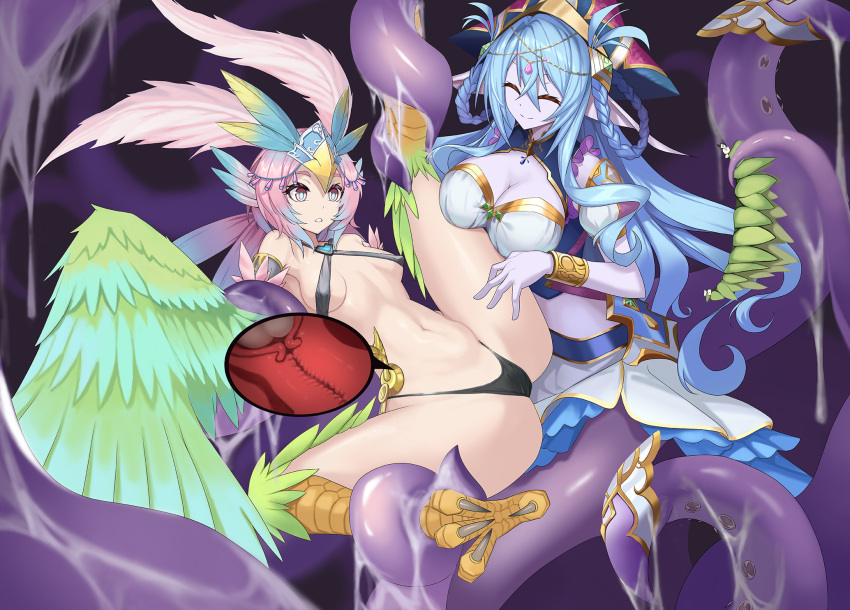 2girls animal_ears bian_qunqing bird_ears bird_legs black_panties blue_hair blush bracelet breasts carol_(clover_theater) chinese_commentary cleavage closed_eyes clover_theater colored_skin commentary_request consensual_tentacles cross-section egg feathers gradient_hair green_feathers green_wings hair_ornament harpy headdress highres imola_(clover_theater) jewelry large_breasts lifting_person long_hair monster_girl multicolored_hair multiple_girls navel nipples open_mouth panties pink_hair pointy_ears purple_eyes purple_skin scylla short_hair skirt skirt_removed slime_(substance) small_breasts talons tentacles underwear winged_arms wings