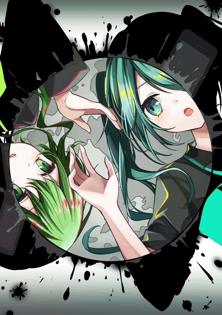 2girls absurdres black_shirt blue_eyes blue_hair green_eyes green_hair gumi hatsune_miku highres long_hair long_sleeves multiple_girls nagitofuu noushou_sakuretsu_girl_(vocaloid) open_mouth shirt short_hair short_sleeves twintails vocaloid