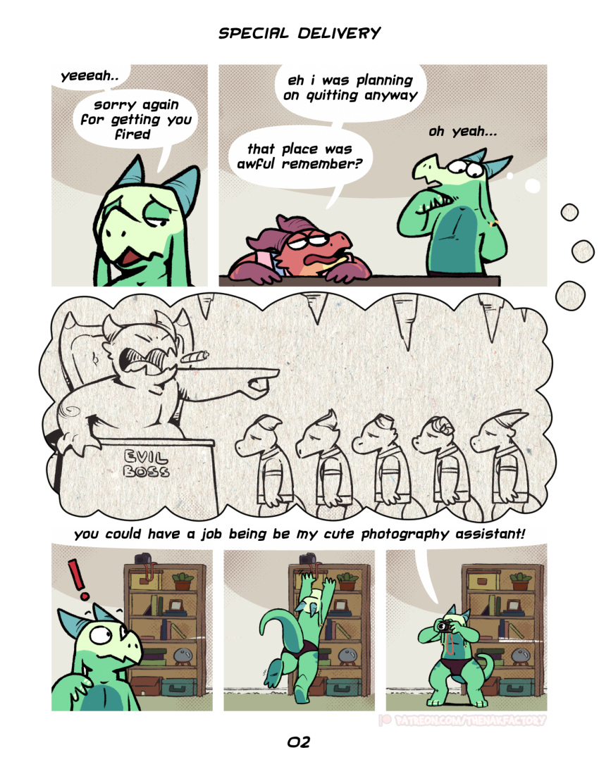 anthro bookshelf boss demon dialogue dozendav dragon duo exclamation_point feelze_(dozendav) furniture hi_res imagination inside kobold motch_(dozendav) patreon sad text url watermark