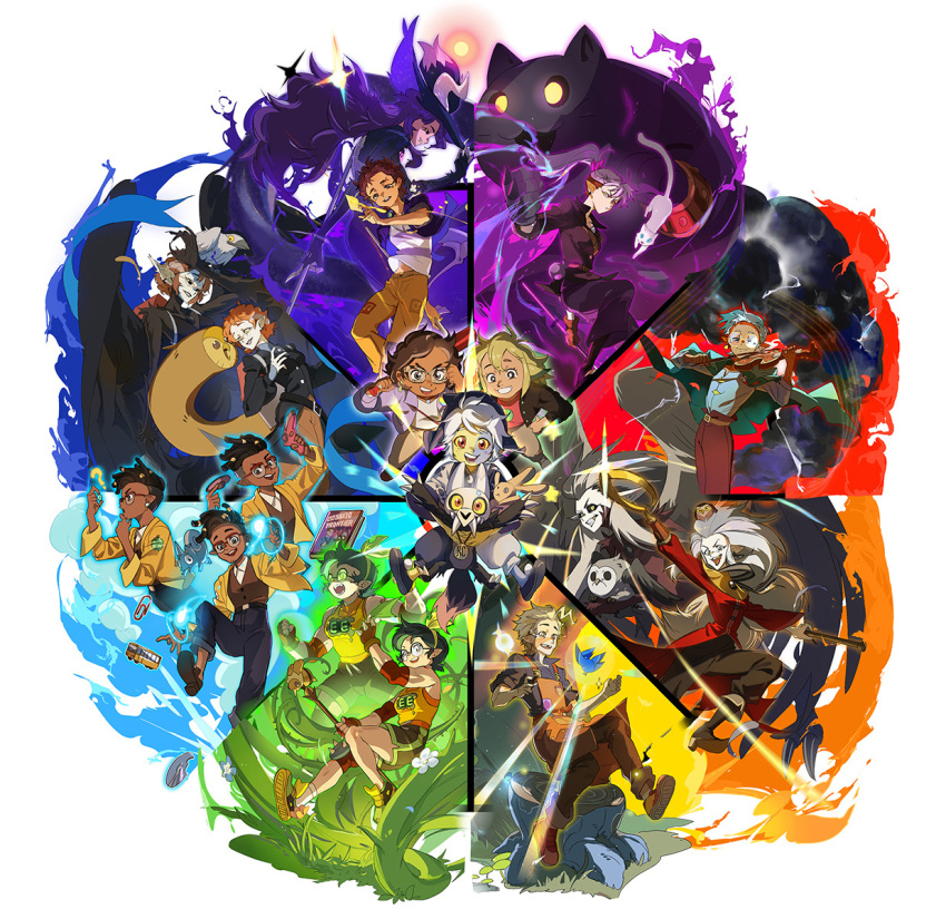 1other 4girls 6+girls amity_blight animal_on_head camila_noceda color_wheel color_wheel_challenge dark-skinned_female dark-skinned_male dark_skin demon_girl demon_horns edalyn_clawthorne ghost_(the_owl_house) glowing gus_porter highres hooty_(the_owl_house) horns hunter_(the_owl_house) instrument jacket king_clawthorne kuma20151225 lilith_clawthorne looking_at_viewer luz_noceda magic multiple_girls on_head owlbert_(the_owl_house) raine_whispers smile staff stringbean_(the_owl_house) the_collector_(the_owl_house) the_owl_house vee_(the_owl_house) violin willow_park wings