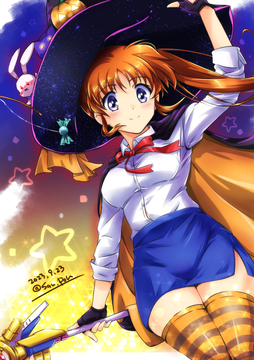 1girl 2023 black_gloves blue_skirt breasts brown_hair closed_mouth collared_shirt dated dress_shirt fingerless_gloves floating_hair from_below gloves halloween halloween_costume hat highres long_hair lyrical_nanoha mahou_shoujo_lyrical_nanoha_strikers medium_breasts miniskirt neck_ribbon orange_thighhighs pencil_skirt purple_eyes purple_headwear red_ribbon ribbon san-pon shirt side_ponytail side_slit skirt sleeves_rolled_up smile solo standing striped striped_thighhighs stuffed_animal stuffed_rabbit stuffed_toy takamachi_nanoha thighhighs twitter_username white_shirt wing_collar witch_hat zettai_ryouiki