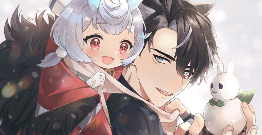 1boy 1girl animal_ears black_hair blue_eyes cape fingerless_gloves fur-trimmed_cape fur_trim genshin_impact gloves grey_hair highres multicolored_hair open_mouth red_eyes sigewinne_(genshin_impact) smile snow snowman tanuki_nishi teeth two-tone_hair upper_teeth_only white_gloves wriothesley_(genshin_impact)