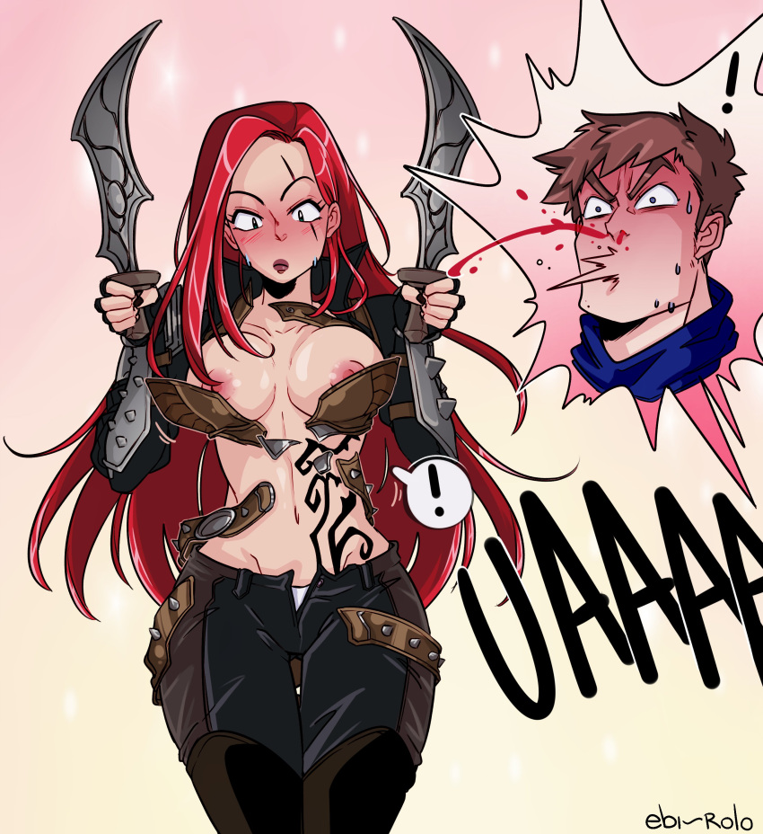 ! 1boy 1girl absurdres artist_name belt black_gloves black_jacket black_nails black_pants blood blush boots breasts brown_belt brown_footwear brown_hair brown_pants closed_mouth collarbone fingerless_gloves garen_(league_of_legends) gloves grey_background groin highres jacket katarina_(league_of_legends) large_breasts league_of_legends long_hair nail_polish navel nipples nosebleed open_clothes open_jacket open_pants pants red_hair rolo's_art scar scar_across_eye shiny_skin short_hair speech_bubble stomach sweat tattoo thigh_boots