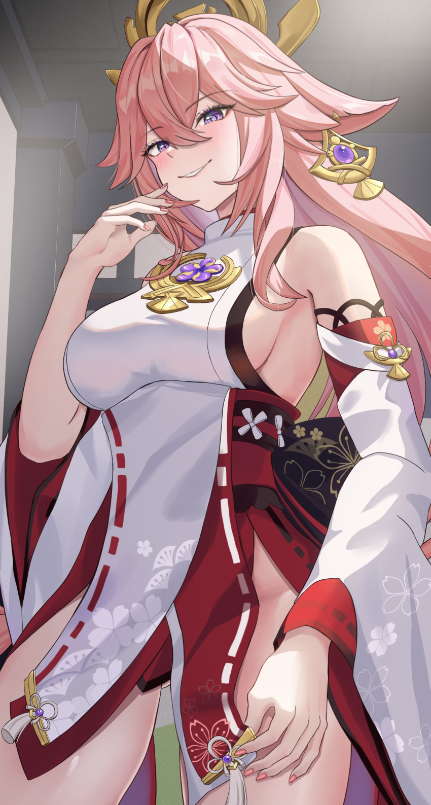 1girl absurdres ass_visible_through_thighs bare_shoulders blush breasts detached_sleeves earrings genshin_impact groin hair_between_eyes hair_ornament hakama hakama_skirt hand_to_own_mouth headgear highres ituka_kanau japanese_clothes jewelry large_breasts long_hair long_sleeves looking_at_viewer miko nail_polish nontraditional_miko ojou-sama_pose pink_hair pink_nails purple_eyes red_skirt ribbon-trimmed_sleeves ribbon_trim sideboob skirt smile smug solo thighs very_long_hair wide_sleeves yae_miko