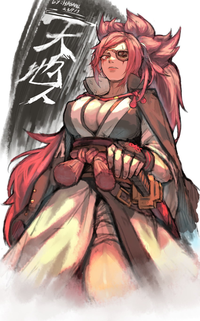 absurdres artist_name baiken black_kimono breasts dated eyepatch facial_mark guilty_gear guilty_gear_strive highres hua_ha_jiazi huge_breasts japanese_clothes kataginu katana kimono large_breasts long_hair looking_down one-eyed open_clothes open_kimono pink_hair ponytail red_eyes samurai sash scar scar_across_eye sheath sheathed staring sword weapon