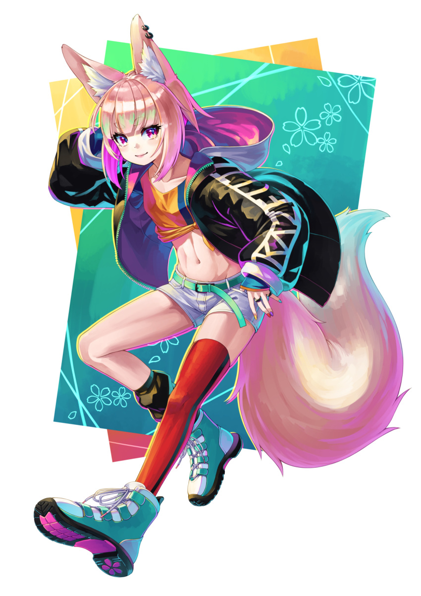 1girl animal_ear_fluff animal_ears belt black_jacket black_socks fox_ears fox_girl fox_tail full_body gradient_hair gradient_tail highres hood hood_down hooded_jacket jacket kazuki_seihou light_brown_hair long_sleeves midriff multicolored_hair navel open_clothes open_jacket orange_shirt original pink_hair puffy_long_sleeves puffy_sleeves purple_eyes red_thighhighs shirt short_hair short_shorts shorts single_loose_sock single_thighhigh smile socks stomach tail thighhighs tied_shirt white_shorts