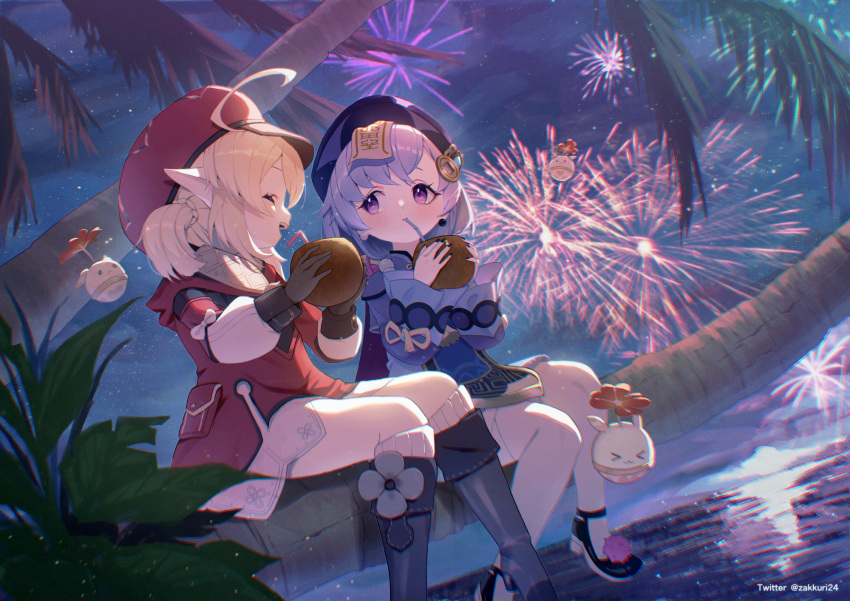 &gt;_&lt; 2girls :3 bead_bracelet beads blue_dress blue_hair boots bracelet brown_gloves cabbie_hat closed_eyes coconut commentary_request dress drinking_straw drinking_straw_in_mouth dutch_angle earrings fireworks full_body genshin_impact gloves hat highres in_tree jewelry jumpy_dumpty klee_(genshin_impact) long_sleeves medium_hair multiple_girls night open_mouth outdoors palm_tree pointy_ears purple_eyes purple_headwear qiqi_(genshin_impact) red_dress red_footwear sitting sitting_in_tree smile tree twitter_username water zakkuri