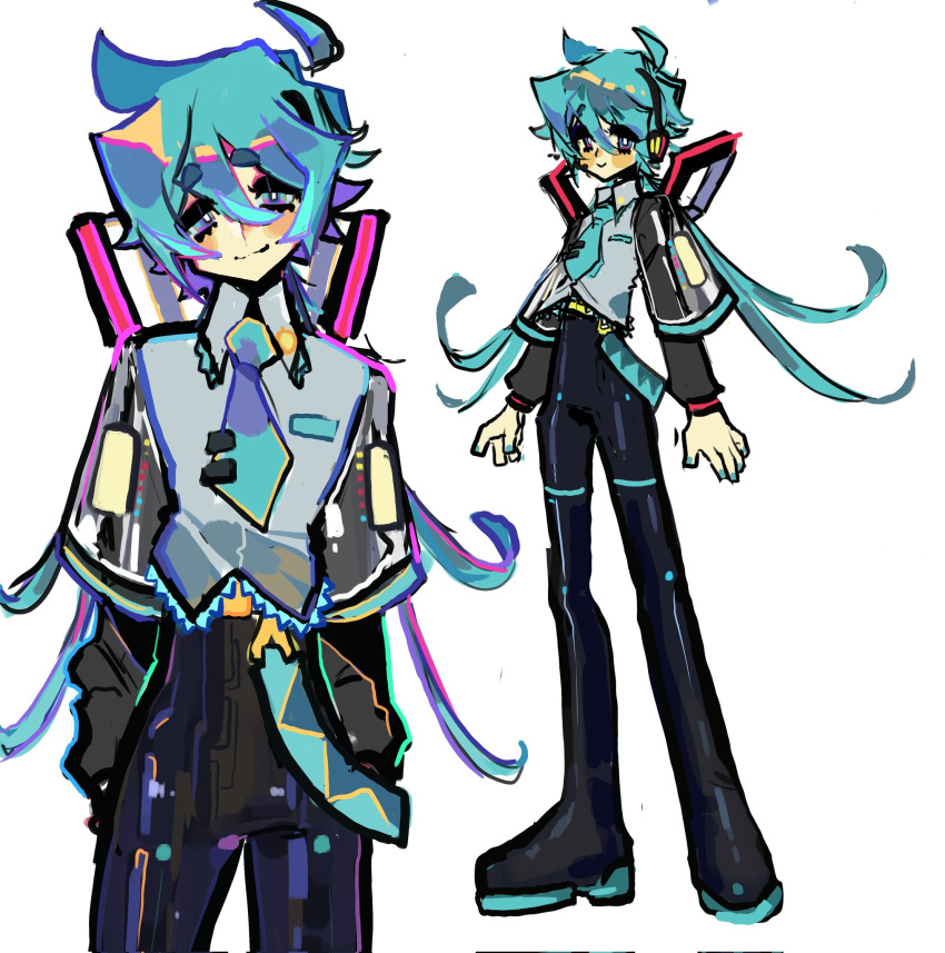 1boy bishounen black_pants black_sleeves blue_eyes blue_hair blue_necktie collared_shirt commentary detached_hair english_commentary full_body genderswap genderswap_(ftm) grey_shirt hatsune_mikuo highres kxbo99 long_hair looking_at_viewer low_twintails male_focus necktie pants redesign shirt sketch solo twintails vocaloid white_background