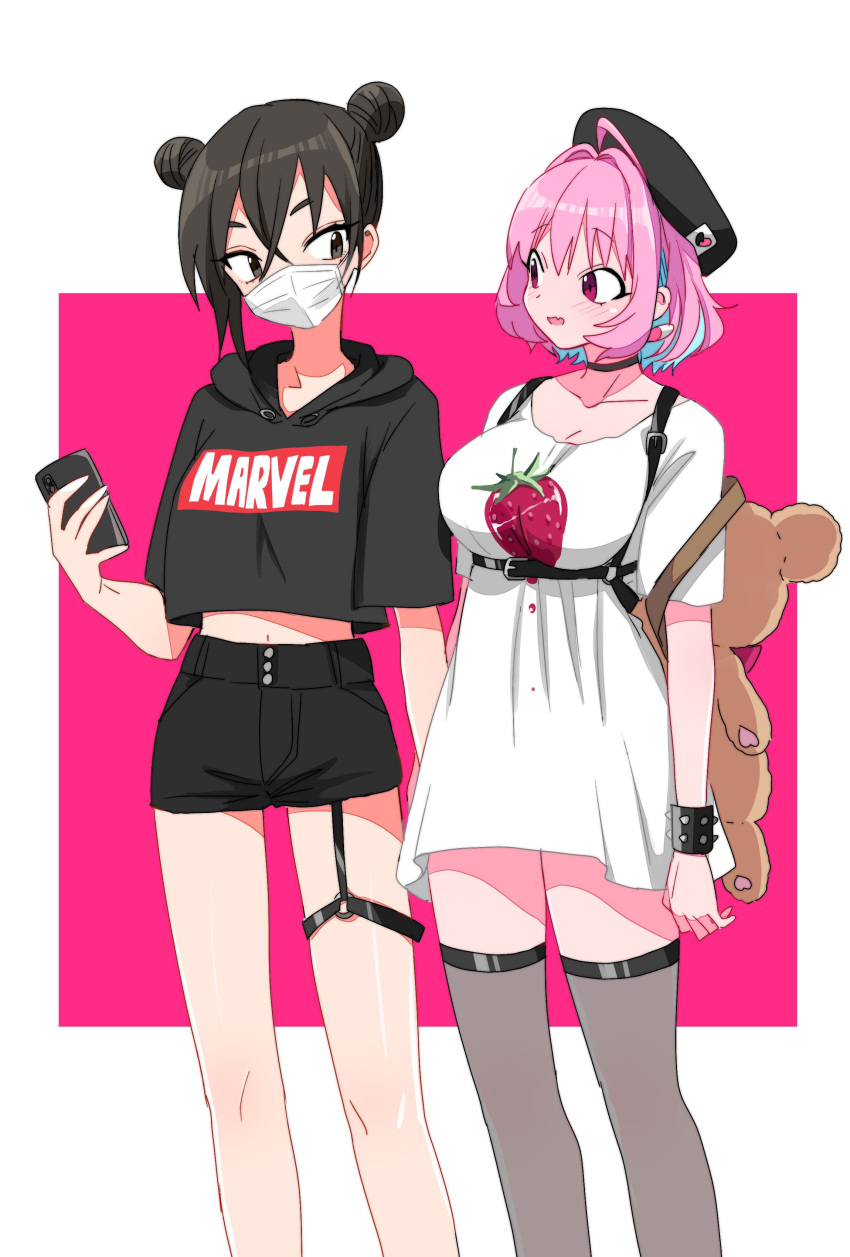 2girls absurdres beret black_eyes black_hair black_headwear black_shorts black_thighhighs blush breasts cellphone choker cleavage colored_inner_hair crop_top cropped_hoodie double_bun earrings feet_out_of_frame food_print hair_bun harness hat highres holding holding_phone hood hood_down hoodie idolmaster idolmaster_cinderella_girls jewelry large_breasts looking_at_another marvel mask midriff mouth_mask multicolored_hair multiple_girls navel open_mouth phone pink_hair red_eyes saito_katuo shirt short_hair short_shorts short_sleeves shorts sidelocks smartphone standing strawberry_print stuffed_animal stuffed_toy sunazuka_akira surgical_mask teddy_bear thighhighs wristband yumemi_riamu