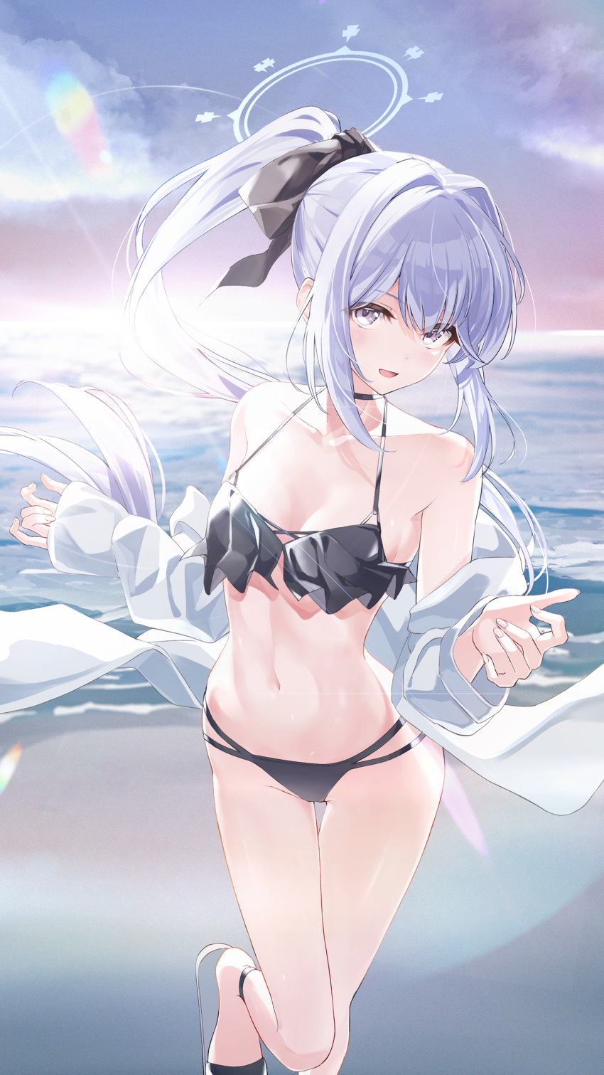 1girl absurdres alternate_costume beach bikini black_bikini black_choker black_ribbon blue_archive blue_halo blush breasts choker collarbone commentary_request commission dice_gt foot_out_of_frame frilled_bikini frills groin hair_ribbon halo hands_up highres long_hair looking_at_viewer miyako_(blue_archive) multi-strapped_bikini navel ocean off_shoulder official_alternate_hairstyle open_mouth outdoors partial_commentary ponytail purple_eyes ribbon sandals shirt skeb_commission small_breasts solo standing standing_on_one_leg stomach swimsuit white_hair white_shirt