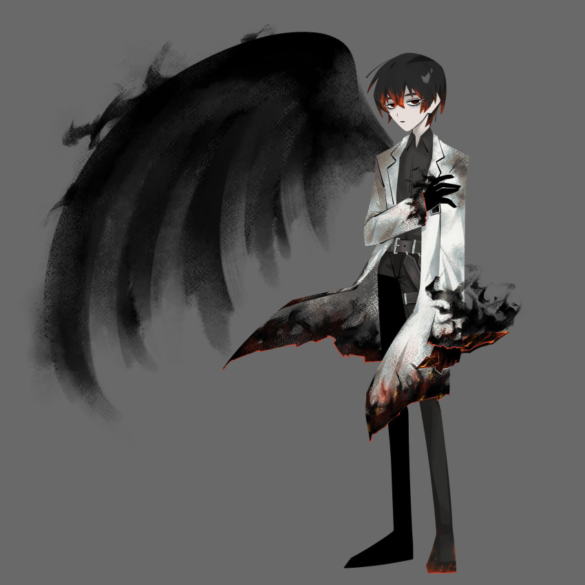 1boy black_gloves black_pants black_shirt black_wings coat e.g.o_(project_moon) embers full_body gloves highres limbus_company long_sleeves multicolored_hair no_710 pants project_moon red_hair shirt single_wing smoke solo standing streaked_hair white_coat wings yi_sang_(project_moon)