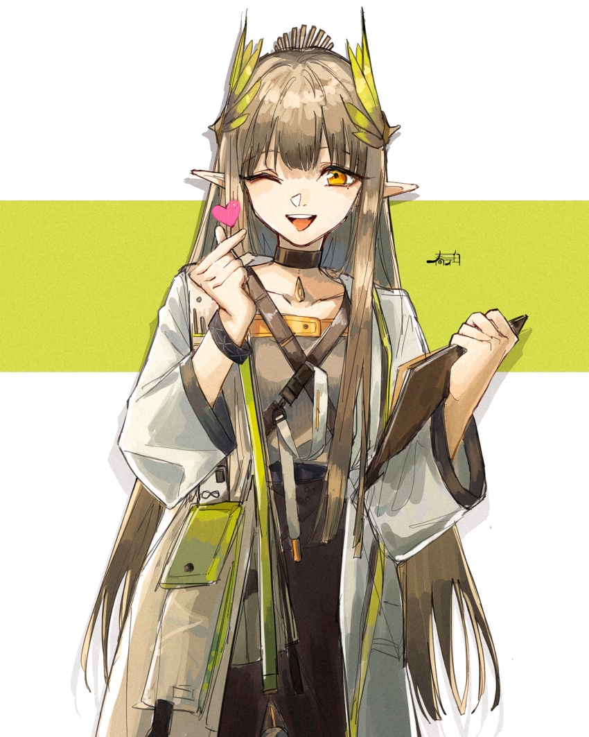 1girl ;d absurdres arknights black_skirt brown_hair brown_shirt collarbone finger_heart green_background hands_up harukan_tiusu highres jacket long_hair long_sleeves looking_at_viewer muelsyse_(arknights) one_eye_closed open_clothes open_jacket orange_eyes pointy_ears shirt skirt smile solo teeth two-tone_background upper_teeth_only very_long_hair white_background white_jacket wide_sleeves