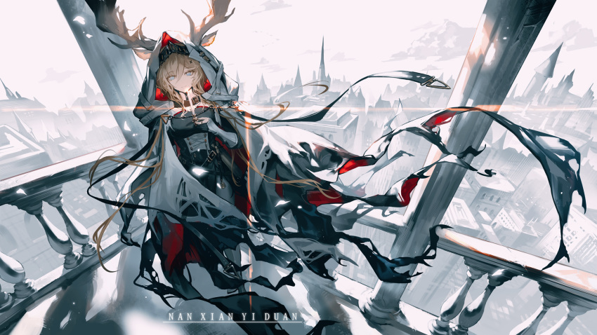 1girl animal_ears antlers antlers_through_hood architecture arknights balcony black_dress blonde_hair blue_eyes castle chinese_commentary cloak cloud commentary_request deer_antlers deer_ears deer_girl dress ears_through_hood full_body gauntlets grey_sky highres hood hooded_cloak lens_flare long_hair looking_at_viewer nanxianyiduan outdoors railing sidelocks sky solo torn_cloak torn_clothes viviana_(arknights) white_cloak