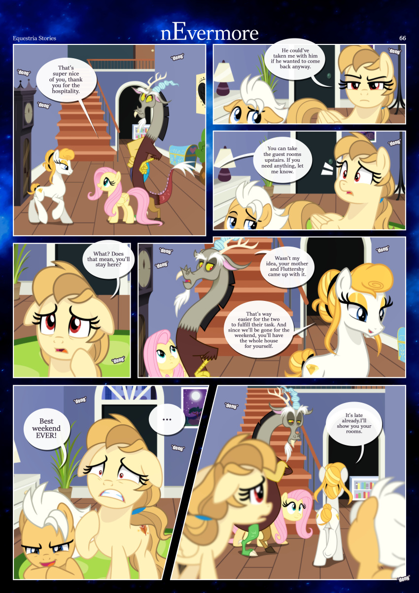 absurd_res accessory alice_goldenfeather_(estories) annoyed annoyed_expression anthro border brother_(lore) brother_and_sister_(lore) chimera clock cutie_mark daughter_(lore) dialogue discord_(mlp) draconequus ears_down ears_flat ears_up earth_pony equid equine estories fable_(estories) family female feral floor fluttershy_(mlp) folded_wings freaking_out friendship_is_magic golden_jewel_(estories) group hair_accessory hair_tie hallway handrailing hasbro hi_res hooves horse male mammal mother_(lore) mother_and_child_(lore) mother_and_daughter_(lore) mother_and_son_(lore) my_little_pony narrowed_eyes night night_time open_mouth parent_(lore) parent_and_child_(lore) parent_and_daughter_(lore) parent_and_son_(lore) pegasus pivoted_ears pony raised_hoof rear_view sibling_(lore) sister_(lore) son_(lore) stairs white_border wings wood wood_floor