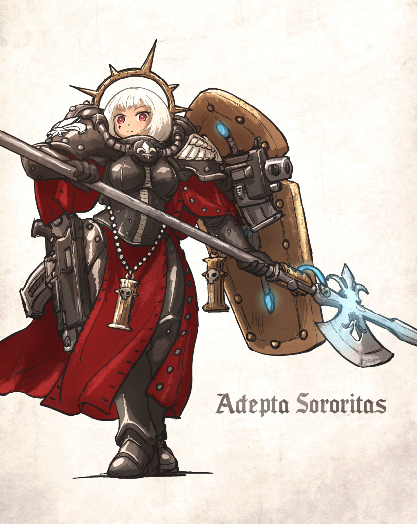 1girl adepta_sororitas armor armored_boots black_gloves bolter boobplate boots breasts capelet character_name commentary english_commentary facial_tattoo fleur-de-lis frown full_armor full_body gloves halberd halo highres holding holding_polearm holding_weapon imperium_of_man ironlily long_skirt looking_at_viewer mechanical_halo medium_breasts pauldrons pelvic_curtain polearm power_armor red_capelet red_eyes red_skirt serious shield short_hair shoulder_armor skirt solo spiked_halo tattoo warhammer_40k weapon white_hair
