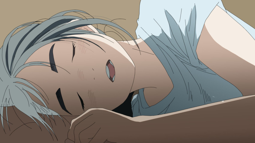 1girl blush closed_eyes hai_wei highres kimi_wa_houkago_insomnia lying magari_isaki on_side open_mouth sepia_background shirt short_hair simple_background sleeping solo t-shirt