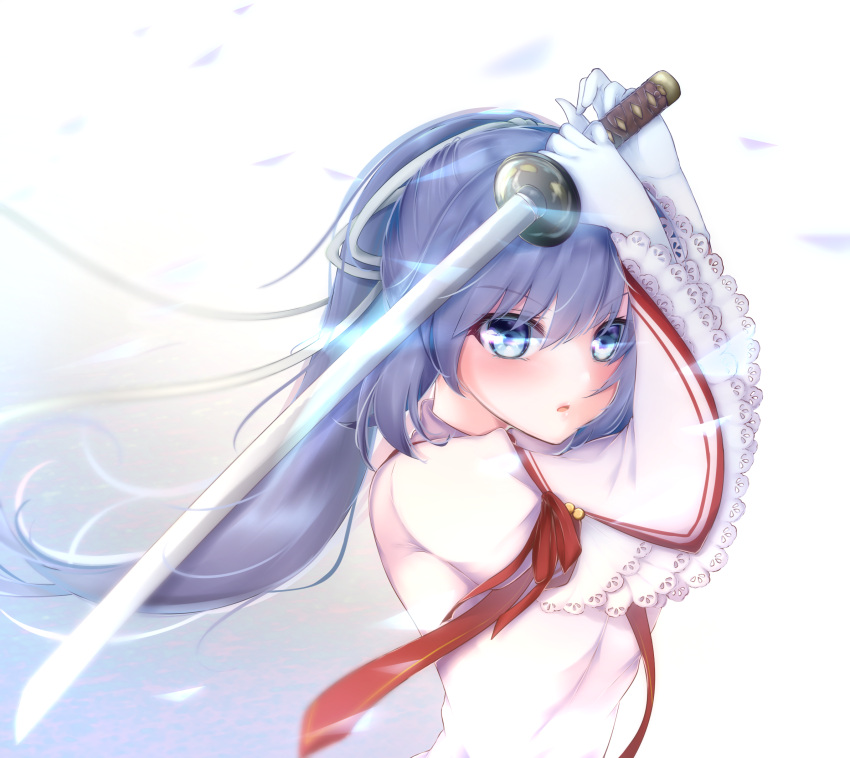 1girl black_hair blue_eyes blurry blush commentary_request depth_of_field dress eyelashes eyes_visible_through_hair fighting_stance floating_hair frilled_sleeves frills from_side gattengou gloves hair_between_eyes hair_ribbon hands_up highres holding holding_sword holding_weapon katana kazamatsuri_institute_high_school_uniform konohana_lucia long_hair long_ribbon long_sleeves looking_at_viewer parted_lips ponytail red_ribbon rewrite ribbon school_uniform serious simple_background solo sword upper_body v-shaped_eyebrows very_long_hair weapon white_background white_dress white_gloves white_ribbon wide_sleeves