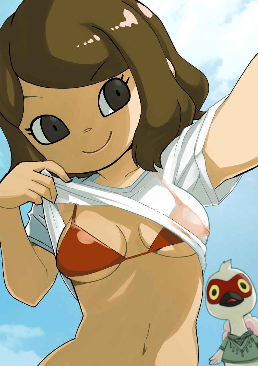 1boy 1girl absurdres animal_crossing bikini black_eyes blue_sky breasts brown_hair cleavage closed_mouth clothes_lift cloud cranston_(animal_crossing) day eyelashes furry furry_male highres lifted_by_self looking_to_the_side medium_breasts muramasa_mikado navel outdoors red_bikini see-through see-through_shirt shirt shirt_lift short_hair short_sleeves sky smile swimsuit t-shirt underboob villager_(animal_crossing) white_shirt