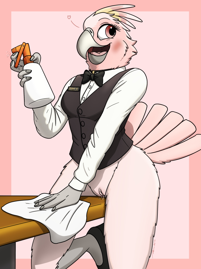 &lt;3 absurd_res anthro aroused avian bird black_tie_(suit) blush bodily_fluids bottomless bottomless_female bow_tie clothed clothing cockatoo cute_expression dress_shirt female fish_birb footwear furniture genital_fluids genitals hi_res high_heels jenny_(fish_birb) major_mitchell's_cockatoo on_table parrot pussy pussy_juice shirt solo spray_bottle suit table tablecloth topwear vest waiter waiter_suit