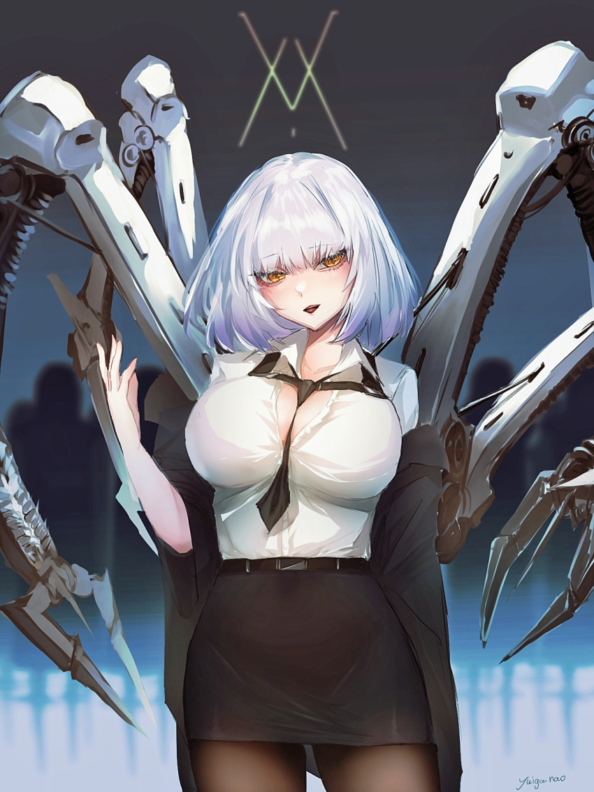 1girl belt black_coat black_lips black_skirt blue_background bra_visible_through_clothes breasts claw_(weapon) cleavage coat girls'_frontline highres huge_claws jacket_pull large_breasts long_sleeves looking_at_viewer mechanical_arms medium_hair morridow_(girls'_frontline) necktie office_lady open_clothes open_coat open_mouth open_robe paradeus robe shirt skirt solo thighs weapon white_hair white_shirt yellow_eyes yuiga_nao