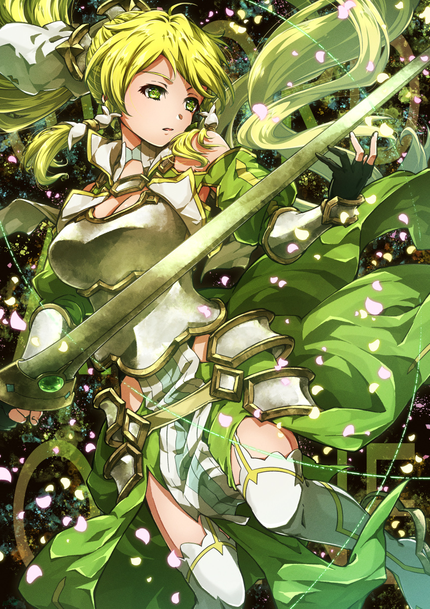 1girl absurdres armor bare_shoulders black_gloves blonde_hair braid breastplate breasts cherry_blossoms cleavage commentary_request gloves green_eyes green_hair hair_ornament highres hip_armor large_breasts leafa leafa_(terraria) long_hair looking_to_the_side oboro_neko open_mouth partially_fingerless_gloves ponytail solo sword sword_art_online sword_art_online:_alicization sword_art_online:_alicization_-_war_of_underworld thighhighs thighs twin_braids verdurous_anima very_long_hair weapon