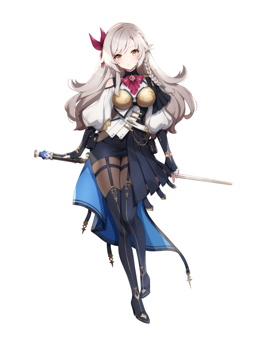 1girl absurdres black_gloves black_skirt blush boots bow bowtie braid brown_eyes chest_armor clothing_cutout edith_(eversoul) elbow_gloves eversoul fingerless_gloves full_body game_cg garter_straps gloves grey_hair hair_between_eyes hair_bow highres holding holding_sword holding_weapon jewelry knee_boots leg_up light_smile long_hair long_sleeves looking_at_viewer official_art pencil_skirt pointy_ears puffy_long_sleeves puffy_sleeves red_bow shirt shoulder_cutout showgirl_skirt side_braid skirt skirt_cutout solo standing swept_bangs sword tachi-e thigh_strap thighhighs transparent_background waist_cape weapon white_shirt wing_collar