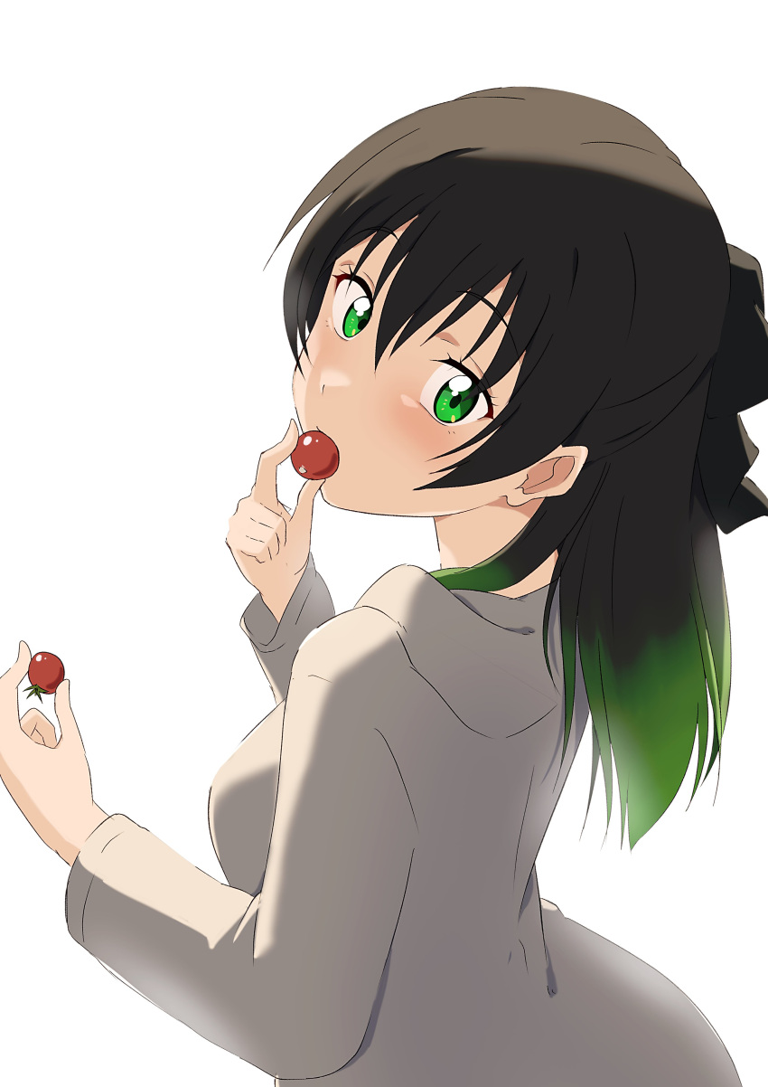 1girl absurdres alternate_hairstyle black_hair breasts cherry_tomato commentary_request eating green_eyes grey_sweater hair_between_eyes hair_ribbon highres light_blush looking_at_viewer looking_back love_live! love_live!_nijigasaki_high_school_idol_club medium_breasts medium_hair multicolored_hair ribbon streaked_hair sweater takasaki_yuu tomato white_background zasshoku_ojisan