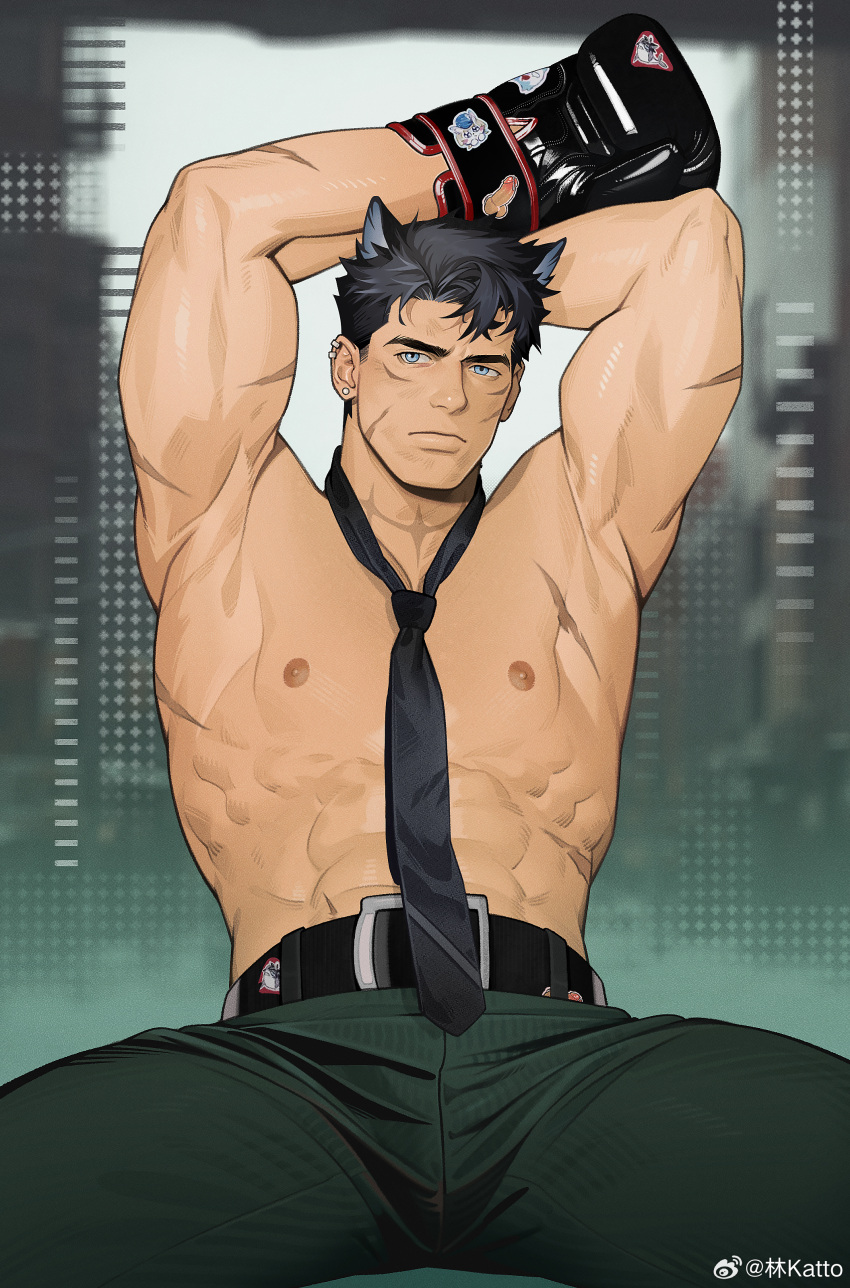 1boy abs absurdres alternate_costume alternate_muscle_size animal_ears arms_up ass_visible_through_thighs bara belt between_pectorals black_belt black_hair boxing_gloves cross_scar dog_ears ear_piercing feet_out_of_frame genshin_impact green_pants grey_hair hair_between_eyes highres katto8452 large_pectorals looking_at_viewer loose_necktie male_focus muscular muscular_male navel necktie necktie_between_pectorals nipples paid_reward_available pants pectorals piercing scar shiny_clothes short_hair solo spread_legs stomach thick_eyebrows thick_thighs thighs too_many_scars topless_male wriothesley_(genshin_impact)