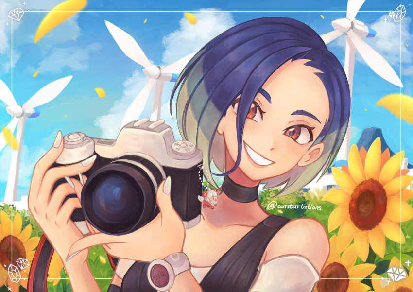 1girl absurdres black_choker blue_hair camera choker constarlations field flower flower_field highres hisuian_growlithe holding holding_camera light_smile perrin_(pokemon) pokemon pokemon_(game) pokemon_sv sunflower valley_windworks wind_turbine