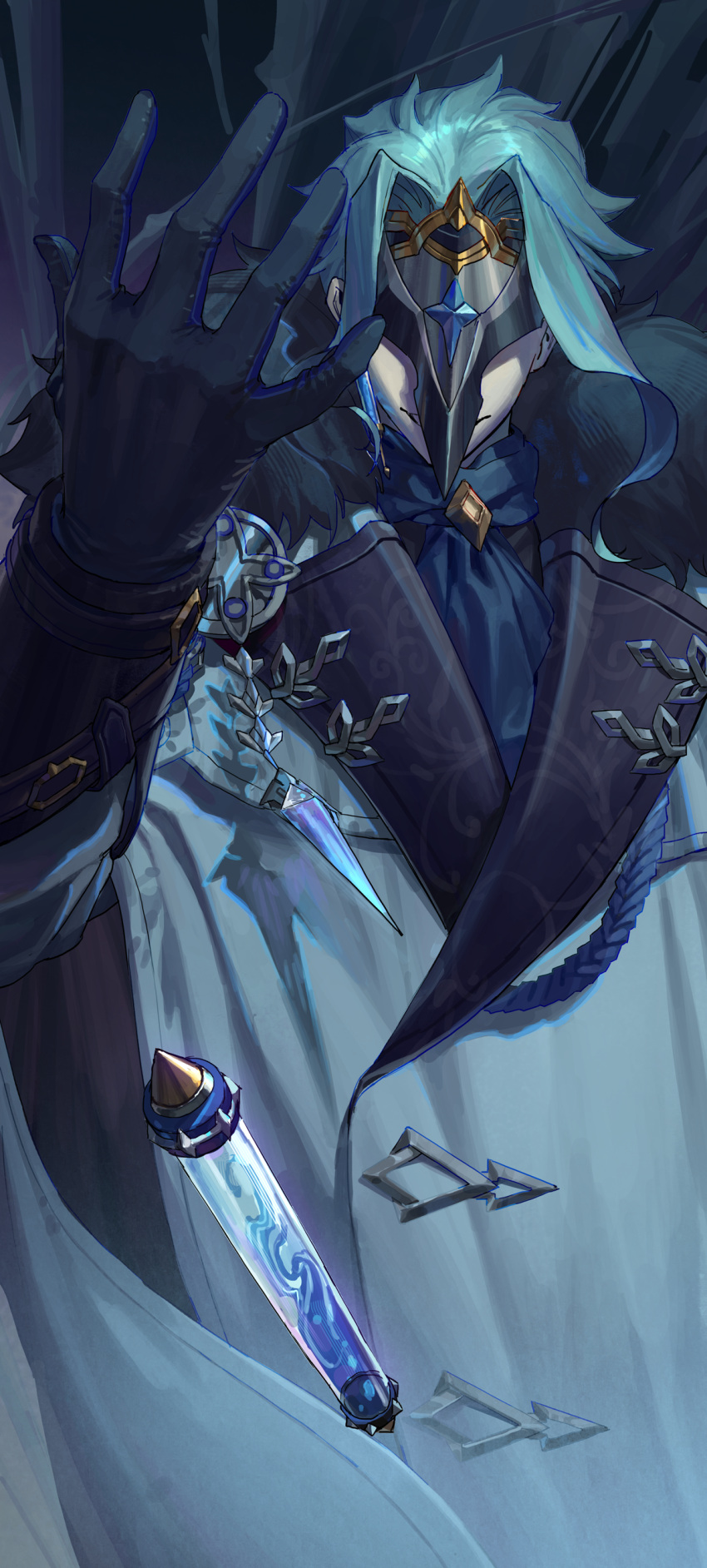 1boy absurdres aiguillette arm_up black_gloves blue_gloves blue_hair blue_scarf coat commentary_request denshi_risu dottore_(genshin_impact) earrings eye_mask fur-trimmed_coat fur_trim genshin_impact gloves highres jewelry lapels long_sleeves male_focus mask parted_bangs parted_lips scarf short_hair sidelocks single_earring smile solo test_tube two-tone_gloves white_coat